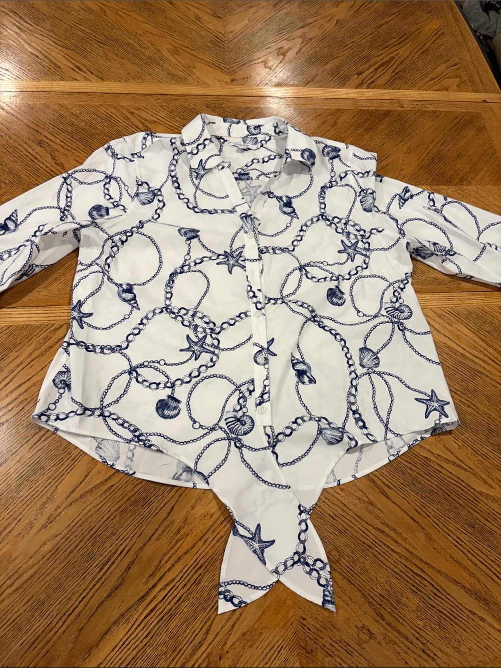Chico's No Iron Seashell Tie-Front Top Nautical Blue White Blouse Size 2 Large - Picture 12 of 12